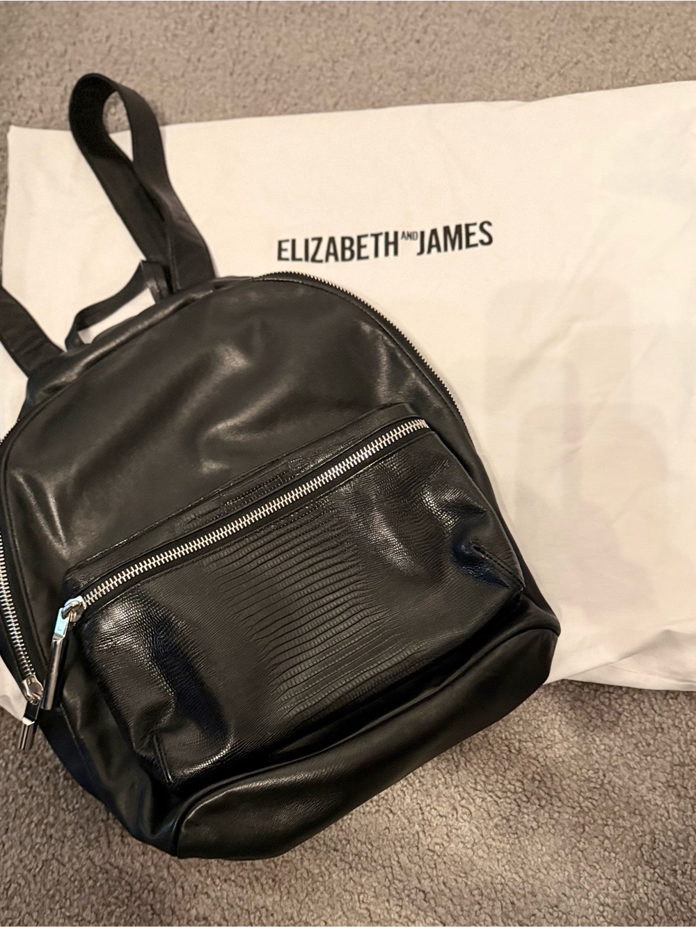Elizabeth and James Black Leather Backpack with Front Zip Pocket